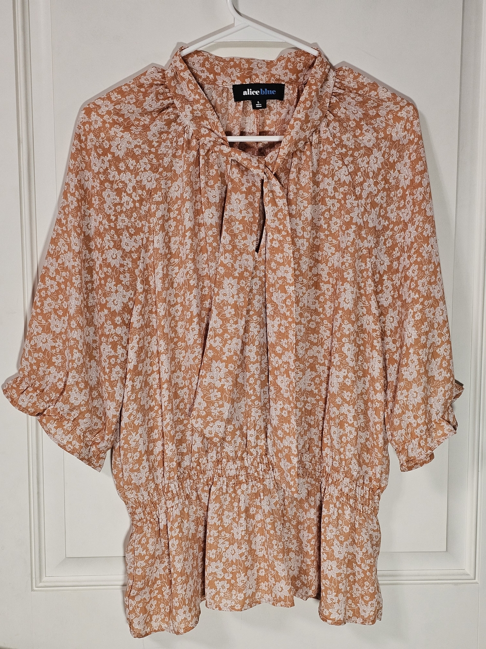Alice Blue Floral Tie Neck Smocked Waist Blouse L